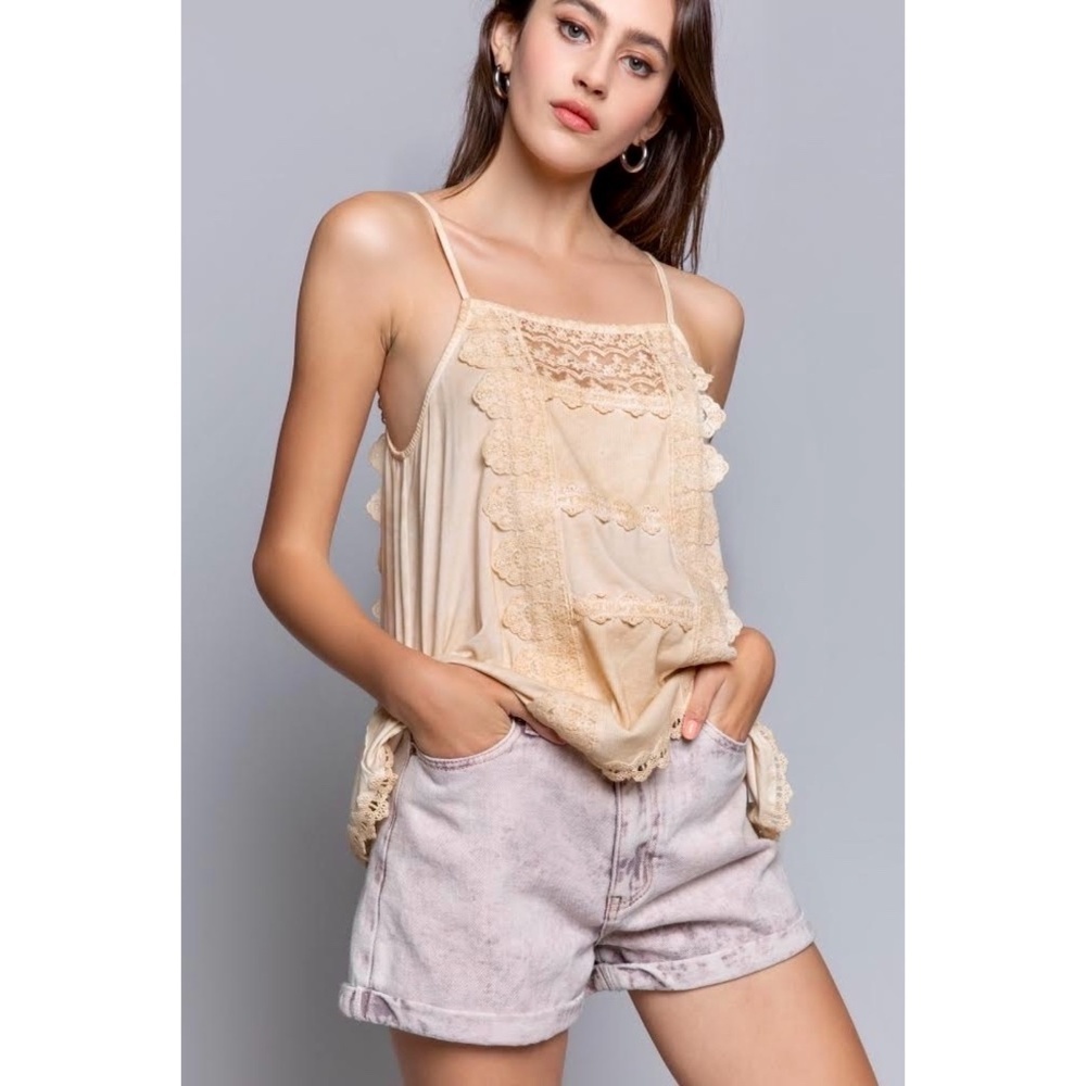 POL Golden Sand Lace Detail Spaghetti Strap Rayon Cami Top - Picture 2 of 6